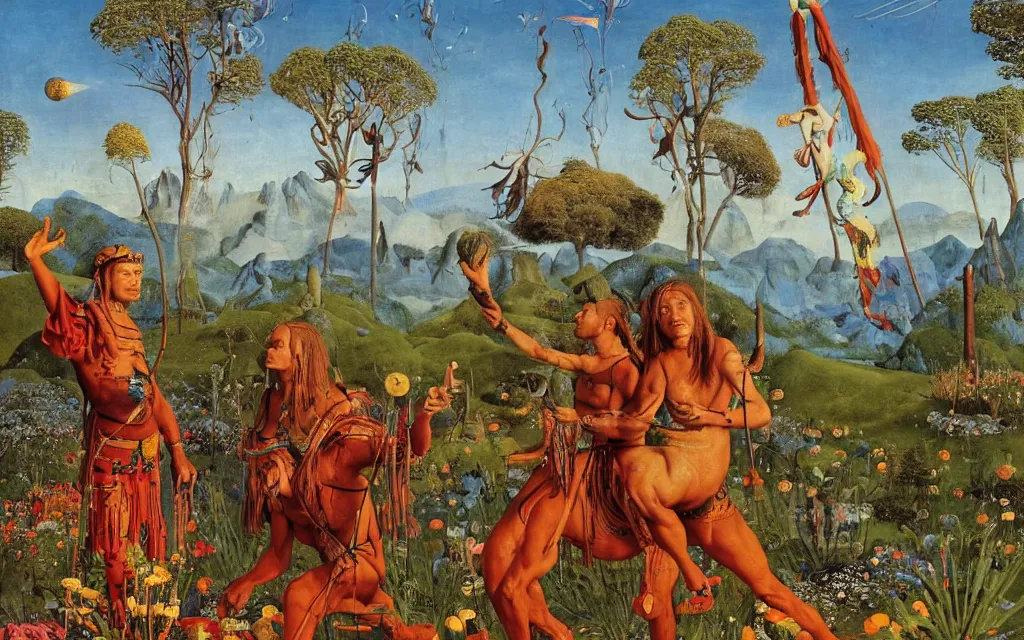 Image similar to a portrait photograph of a meditating shaman and a centaur monk riding a rocket and hunting at a river delta. surrounded by bulbous flowers and trees. mountain range under a blue sky of fiery stars. by jan van eyck, max ernst, ernst haeckel, ernst fuchs and artgerm, cgsociety, fashion editorial, 8 k