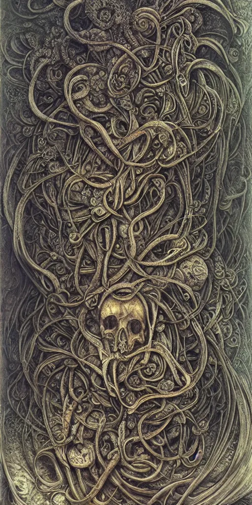 Image similar to abstract, fractal, liquid, melting, swirls, knots, weave, ink, flowers, leaves, gears, wires, bones, skulls, tentacles by hr giger and agostino arrivabene