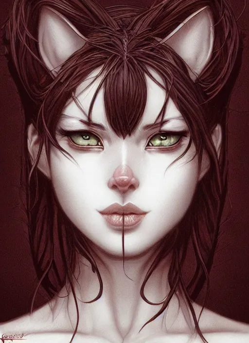 Prompt: a detailed face of a cat girl, rule of thirds, beautiful face, line art, queen of blades, diablo 4 lilith, mutation, by yusuke murata, by hiroya oku, tom bagshaw, trending on artstation