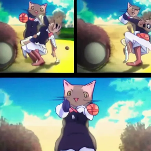 Prompt: a cat dunking a basketball, screenshots from miyazake anime movie