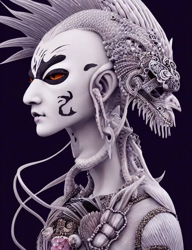 Image similar to 3 d goddess close - up profile simple portrait punk with mohawk with goat skull. beautiful intricately detailed japanese crow kitsune mask and clasical japanese kimono. betta fish, jellyfish phoenix, bio luminescent, plasma, ice, water, wind, creature, artwork by tooth wu and wlop and beeple and greg rutkowski