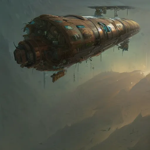 Image similar to A futuristic flying solarpunk overgrown scientific cargo airship on a sunny day, solar panels, art by Andreas Rocha and greg rutkowski, highly detailed, digital painting, matte painting, concept art, illustration, warm lighting, trending on artstation, very detailed