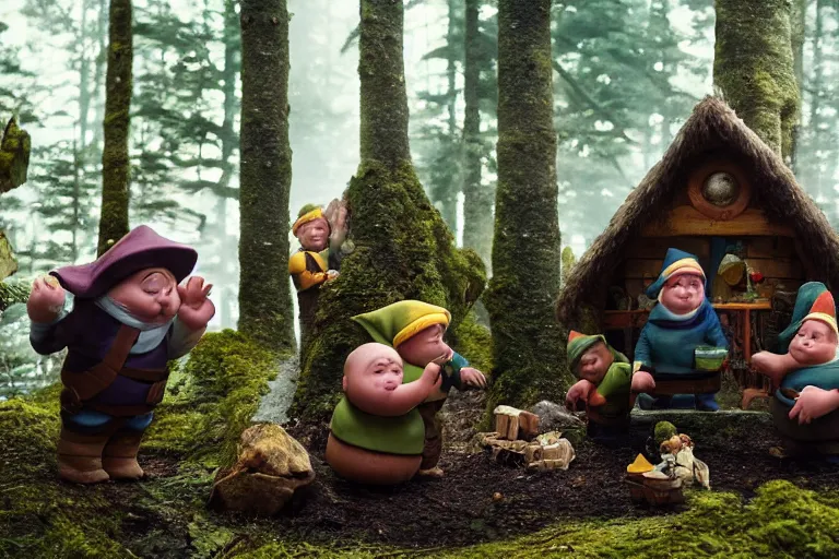 Prompt: movie scene portrait closeup, real life team of chubby elves gnome people building a tiny house in the forest natural lighting by emmanuel lubezki