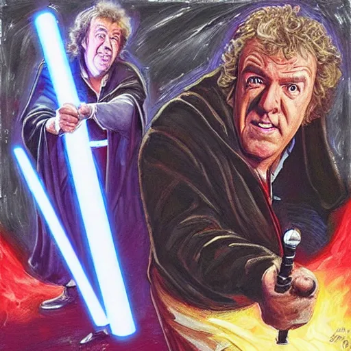 Image similar to “Jeremy Clarkson as a Sith dueling James may as a Jedi, with lightsabers, oil painting”