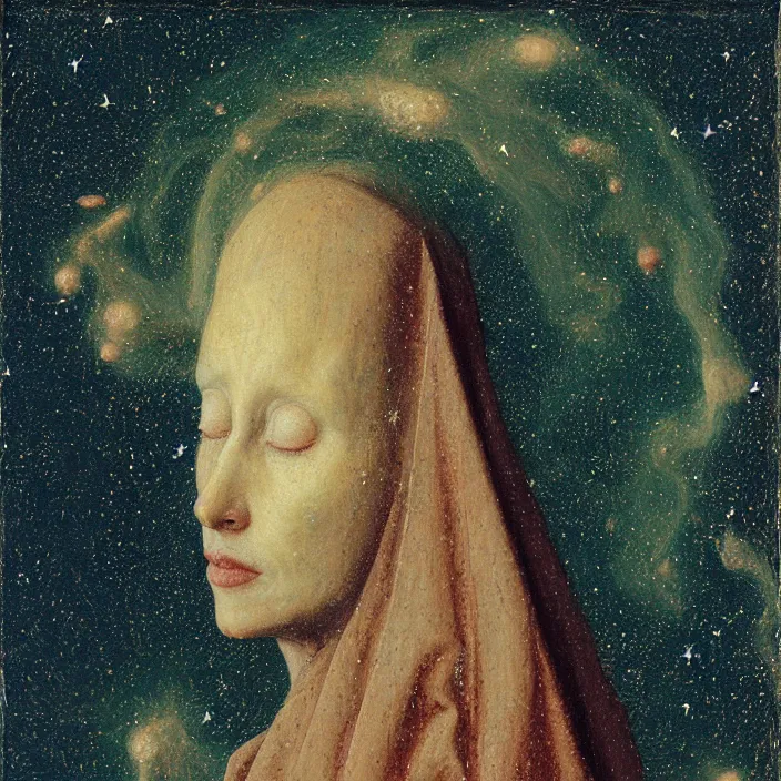 Prompt: a veiled woman made of stone crying in a nebula, by Jan van Eyck