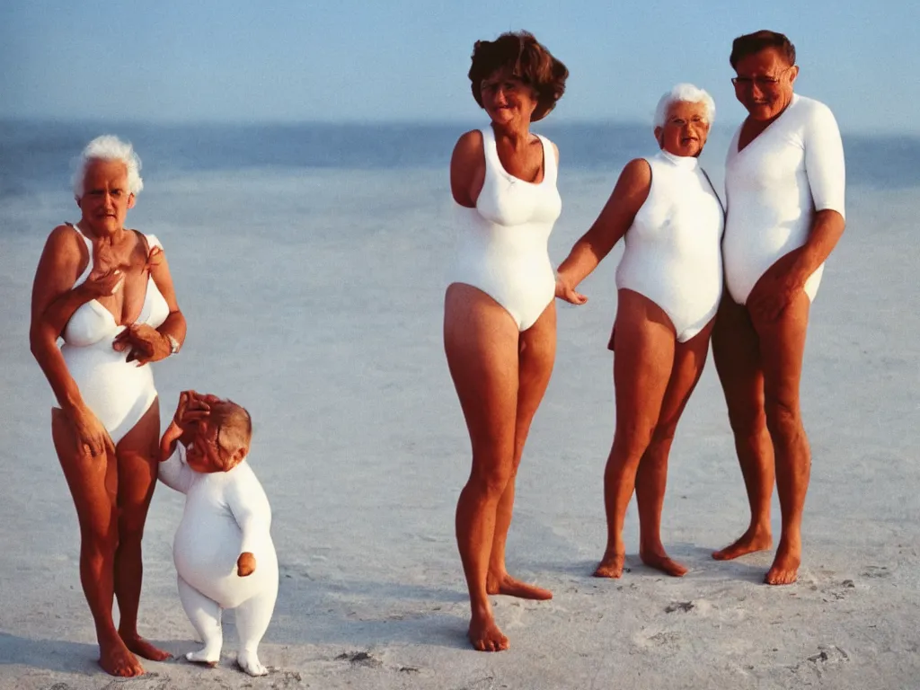 Prompt: a martin parr photo of a grandpa couple, wearing michelin man white body costumes in a beach, sunrise, 1 9 7 0 s kodachrome colour photo, flash on camera,
