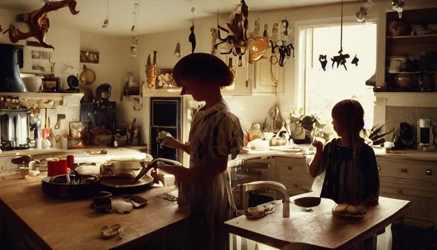 Prompt: 1990s candid 35mm photo of a beautiful day in the family kitchen , cinematic lighting, cinematic look, golden hour, mom is witch and cooking a potion in a cauldron, witches broom, smoky potion brewing in the kitchen, skulls and bats, UHD