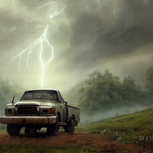 Image similar to a beautiful detailed realistic pick - up truck in a serene landscape with an eerie dark magic lightning portal to another dimension, by john howe and alexander skold and andreas rocha. vray, raytracing, detailed lighting, volumetric lighting, cinematic lighting, very wide shot, f 8