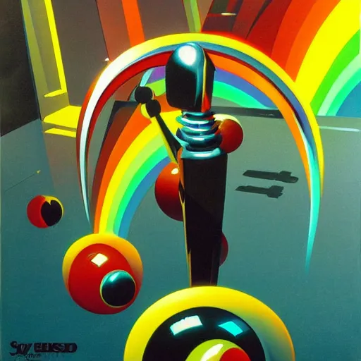 Image similar to a detailed rainbow colored surrealist painting by syd mead of a robot juggling icosahedrons, trending on artstation, masterpiece, incredible details