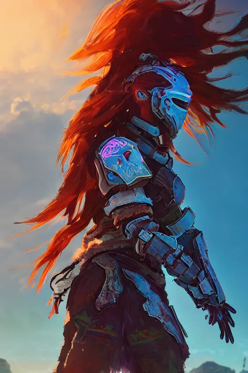 Image similar to combination suit armor aloy horizon forbidden west horizon zero dawn radiating a glowing aura global illumination ray tracing hdr fanart arstation by ian pesty and alena aenami artworks in 4 k tribal robot ninja mask helmet backpack