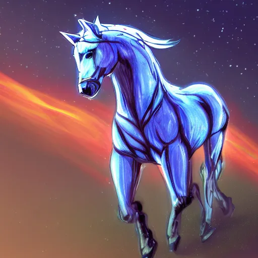 Image similar to cybernetic neo - equine mind transfer : horse - like creatures running impossibly fast through the night, reveling in their machine - aided grace and supremacy over any natural creature, furaffinity