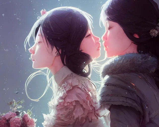 Image similar to two beautiful girls kissing, sharp details, sharp focus, elegant, highly detailed, illustration, by jordan grimmer and greg rutkowski and pine ( ハイネ ) and 薯 子 imoko and 香 川 悠 作 and wlop and maya takamura, intricate, beautiful, trending artstation, pixiv, digital art