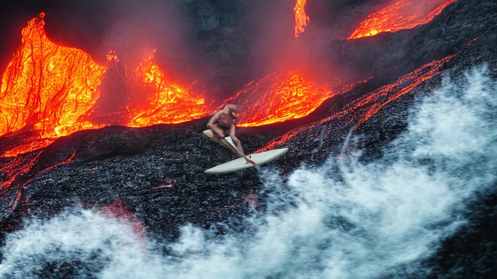 Image similar to person in armor surfing down a river of lava on the side of a volcano on surfboard, action shot, dystopian, thick black smoke and fire, motion blur, sharp focus, cinematic, tilt shift lens