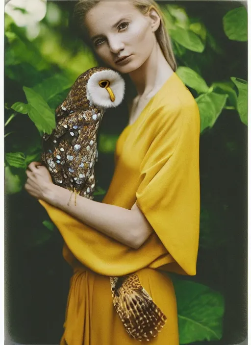 Image similar to grainy head to shoulder portrait Polaroid film photograph of an elegant top model wearing a yellow kimono with a very detailed barn owl on her shoulder!!! in a tropical greenhouse. looking at the camera!!. super resolution. Polaroid 600 film. art by Alessio albi and Annie Leibovitz.