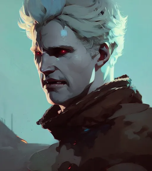 Image similar to portrait of cullen from dragon age fighting a demon by atey ghailan, by greg rutkowski, by greg tocchini, by james gilleard, by joe fenton, by kaethe butcher, dynamic lighting, gradient light blue, brown, blonde cream and white color scheme, grunge aesthetic