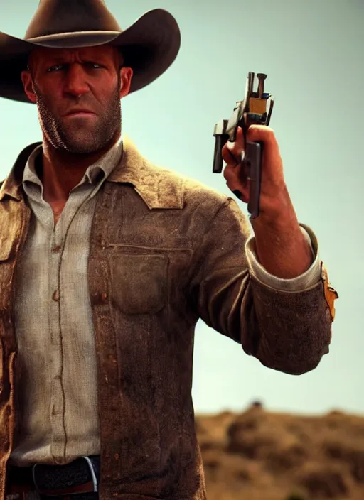 Image similar to an film still of jason statham as cowboy with beard, western background, unreal engine. amazing likeness. very detailed.