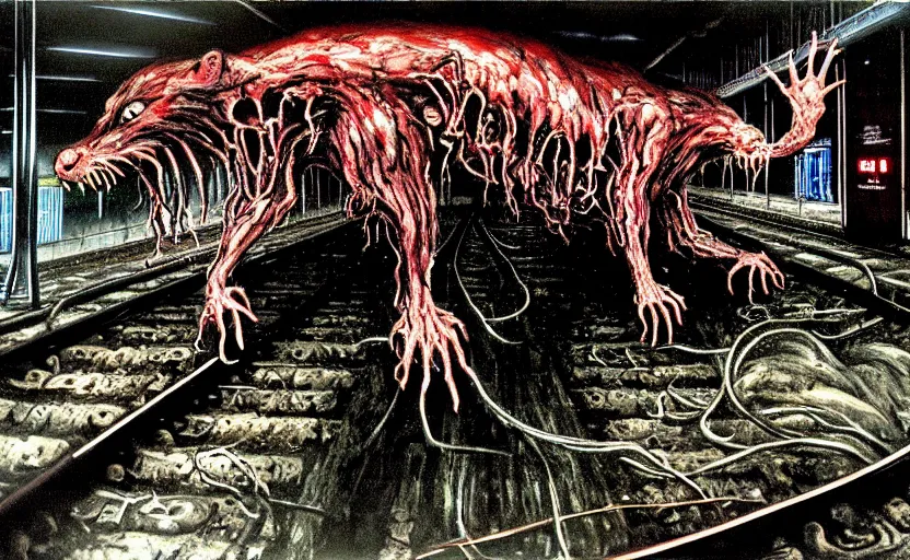 Image similar to very large giant mutant zombie irradiated ( angry rat ) staying on railways in tonnel of moscow subway. tonnel, railways, giant angry rat, furr, fangs, claws, very realistic. extreme long shot, herman nitsch and herman nitsch, giger.