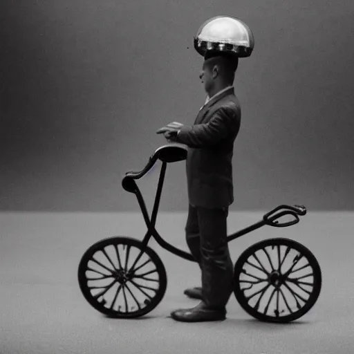 Prompt: a man with a miniature bicycle on his head