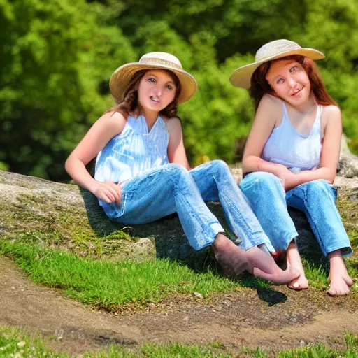 Prompt: Two sisters aged 8 to 9 sitting on the bank, relaxing on a sunny day vintage picture, hyper-realistic, clear day, 8k resolution, maximum detail