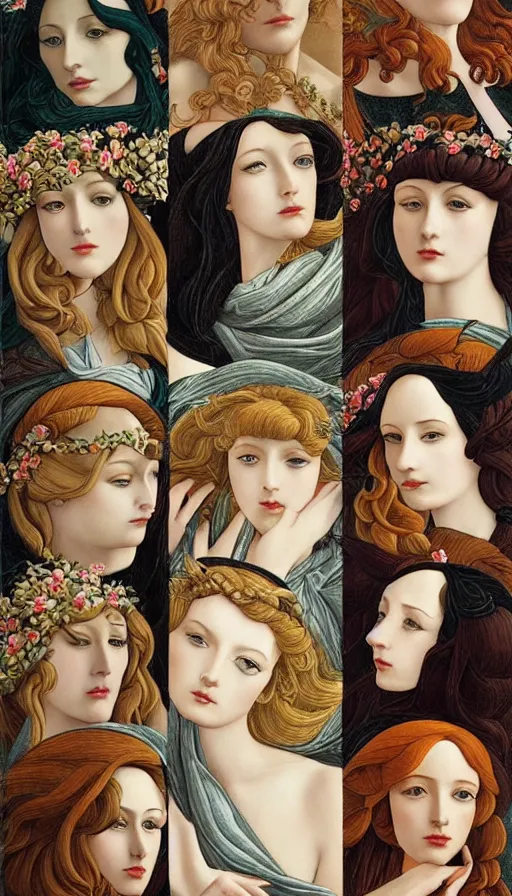 Image similar to the 12 months of the year as 12 figures, (3 are Winter, 3 are Spring, 3 are Summer and 3 are Autumn), in a mixed style of Botticelli and Æon Flux!!, inspired by pre-raphaelite paintings and shoujo manga, stunningly detailed, stunning inking lines, flat colors, 4K photorealistic