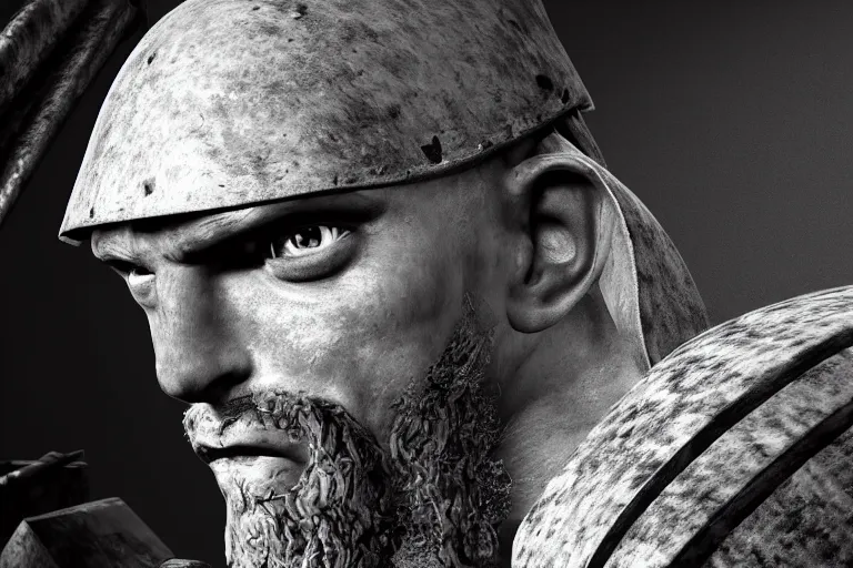 Image similar to still photo of 1 st century war man looking at the camera in a battlefield, black and white color aesthetic, highly detailed, photorealistic portrait, bright studio setting, studio lighting, crisp quality and light reflections, unreal engine 5 quality render