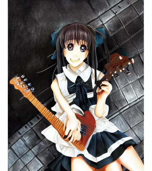 Prompt: a cute school girl is playing guitar on bedroom floor in detailed anime manga painting drawing style squareenix 3d unreal trending on artstation pixiv skeb deviantart realistic hd frank Miller sorayama giger ito junji