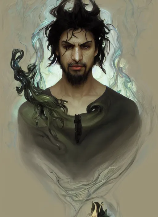 Image similar to character concept portrait of a handsome young twisted dark hispanic wizard with olive skin and glowing eyes casting a reanimation spell, a floating iridescent spell book in the center, intricate, elegant, digital painting, concept art, smooth, sharp focus, illustration, from Metal Gear, by Ruan Jia and Mandy Jurgens and William-Adolphe Bouguereau, Artgerm