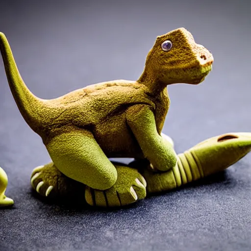 Prompt: close up photograph of a clay model of a cute dinosaur