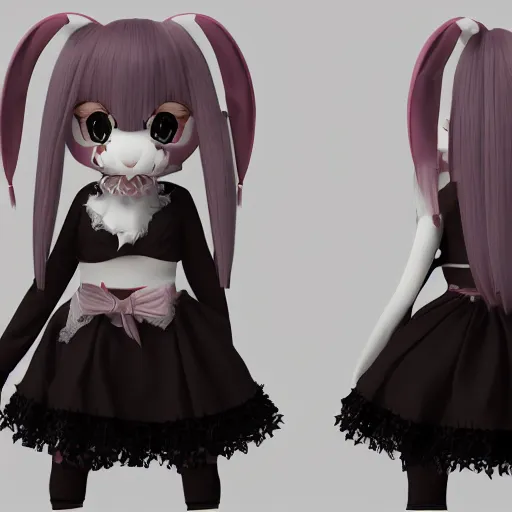 Image similar to cute fumo plush bunny girl, floppy ears, gothic maiden, alert, furry anime, vray