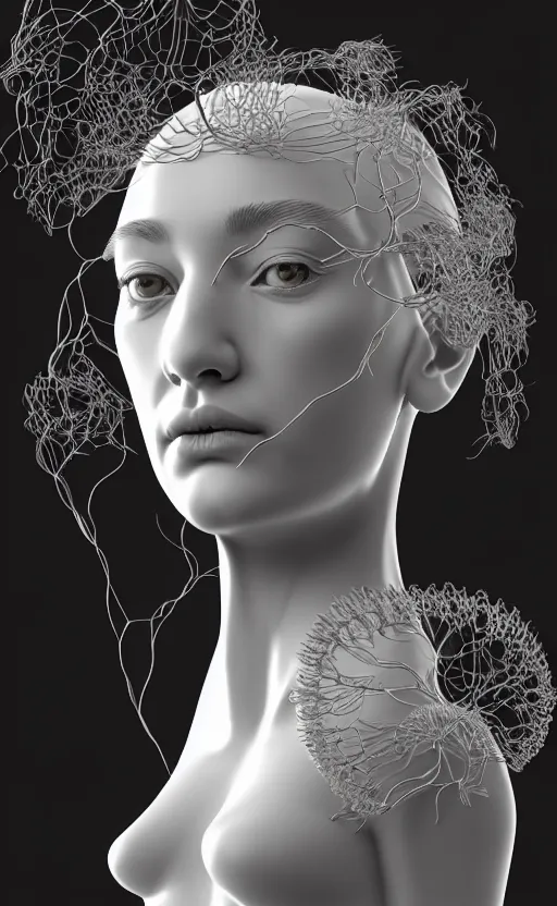 Prompt: complex 3d render ultra detailed of a beautiful porcelain profile woman face, hazel eyes, vegetal dragon cyborg, 150 mm, beautiful natural soft light, rim light, silver black details, roots, fine lace, maze like, mandelbot fractal, magnolia big yellow infrared leaves and stems, smoke, anatomical, facial muscles, cable wires, microchip, elegant, white metallic armor, octane render, black and white, H.R. Giger style