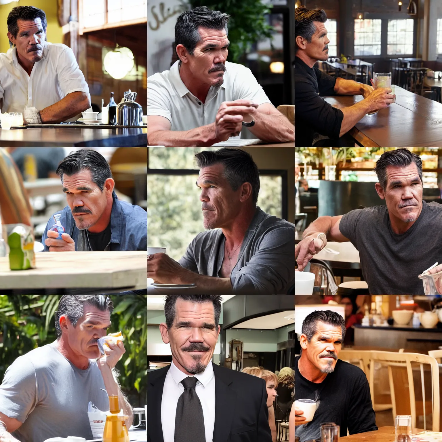 Prompt: Josh Brolin drinks bleach at table in cafe, photograph
