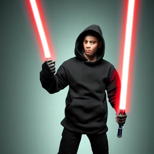 Prompt: a man with black hair in a black hoodie posing while holding a red lightsaber, Trending on artstation