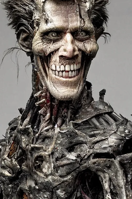 Image similar to grainy recovered photo of animatronic Willem Dafoe by Stan Winston studios trashed destroyed lying broken in a landfill post apocalyptic gloom discarded exposed inner machinery detailed