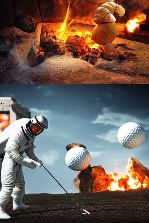 Prompt: cosmonaut plays golf under the hearth, a nuclear bomb instead of a ball, realistic materials, attention to detail, elaborated depth of field, high-quality composition