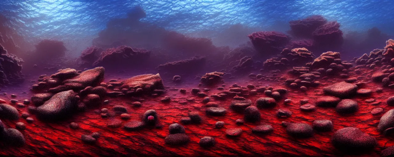 Image similar to A gorgeous detailed oil of a dark red sea covered in big blue steep rocks, a school of piranhas underwater, the further away the mistier it gets, surreal, concept art, dark aesthetic, atmospheric, moody, hyperrealism, highly detailed, masterpiece, award winning, 4k, unreal engine