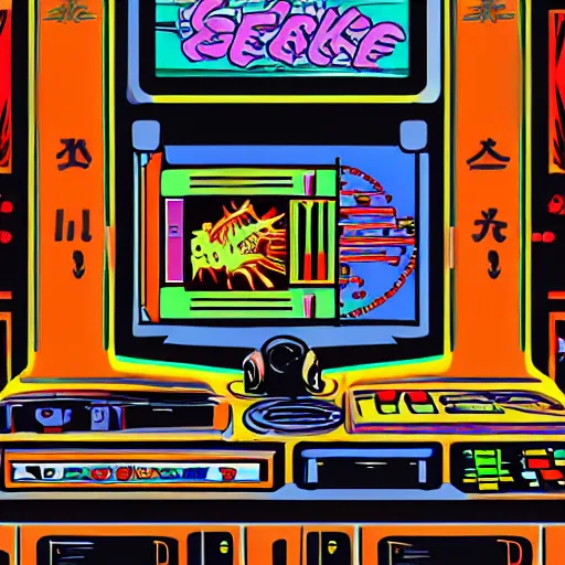 Image similar to grimey japanese retro arcade filled with satanic arcade cabinets, occult video games, 9 0's gaming, satanic portals, digital art, trending on art station