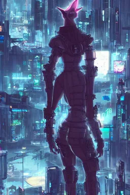 Image similar to a cyberpunk anthropomorphic fox with a fluffy tail staring over a futuristic city from the top of a roof, comic art, trending on furaffinity, cyberpunk, backlighting, cartoon, by kawacy, anime!!!