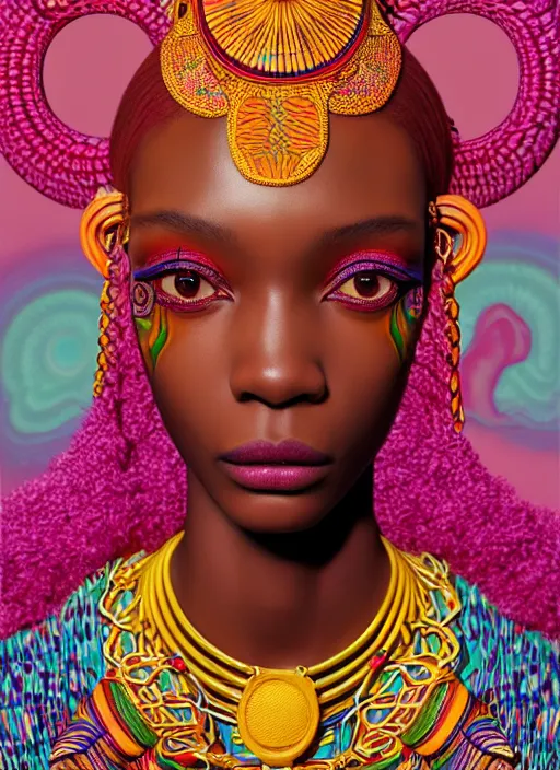 Image similar to pretty african model with hallucination mushroom : : by martine johanna and simon stalenhag and chie yoshii and casey weldon and wlop : : ornate, dynamic, particulate, rich colors, intricate, elegant, highly detailed, vogue, harper's bazaar art, fashion magazine, smooth, sharp focus, 8 k, octane render,