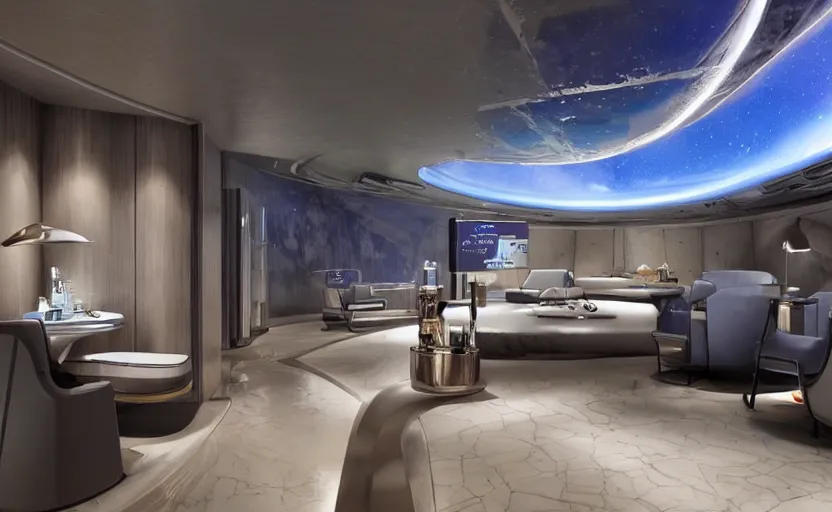 Prompt: luxury suite abord aeon station, the first space hotel