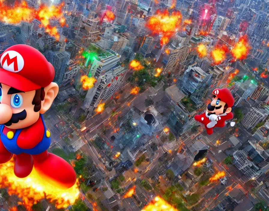 Image similar to giant mario destroying the city in japan, realistic 3 d, hd, hdr, ue 5, ue 6, unreal engine 5, cinematic 4 k wallpaper, 8 k, ultra detailed, by popular digital, details, beautiful image ever created, high resolution, artstation, award winning