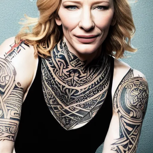 Image similar to high resolution image of cate blanchett with full body maori tattoo , highly detailed, photorealistic, 4k