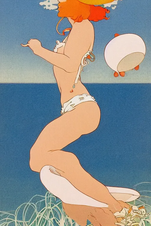 Image similar to A girl in a white lacy bikini and white sun hat and Holding a heart-shaped lifebuoy, jumping for joy,long orange hair floating on air ,Waves and sand and clouds in the background ,Smooth visual lines,,graphic Design by mucha and studio ghibli