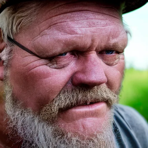 Image similar to film still photo portrait of a toothless middle aged 5 6 year old redneck hillbilly, realistic, hyperrealistic, 8 k resolution, hd quality, very detailed, highly detailed, intricate details, real life, real world, trending on artstation, digital art, really realistic, very realistic, headshot, head in frame, photograph, portrait, mugshot