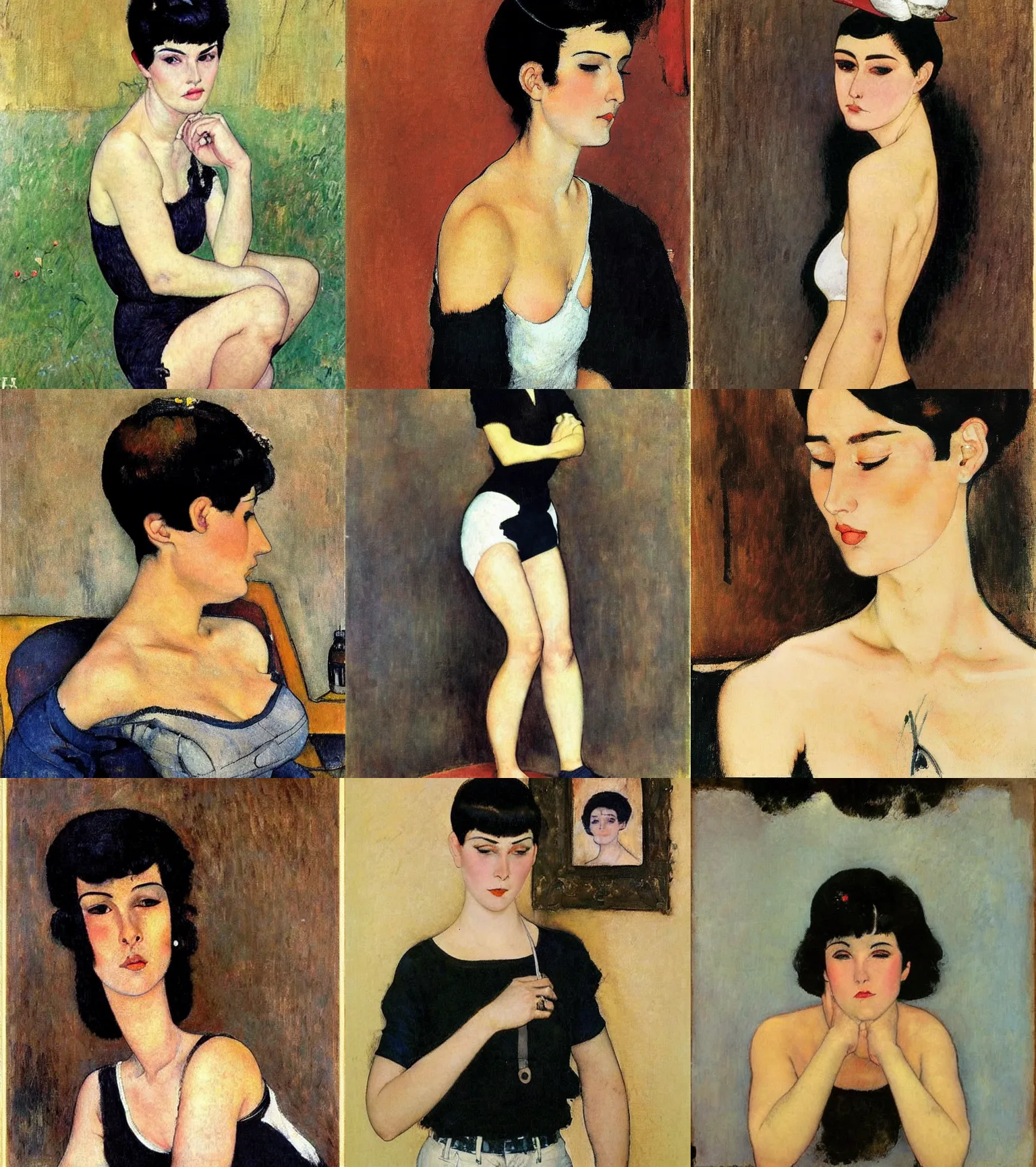 Prompt: a woman with black hair and long pixie haircut in shorts with suspenders and white t-shirt drawn by amedeo modigliani, frank frazetta, gustave caillebotte, Alexandre Cabanel, norman rockwell, ralph bakshi, maler collier, peter paul rubens, alphonse mucha, gustav klimt 4k, unreal 5, DAZ, french noveau, trending on artstation, octane render, hyperrealistic