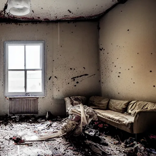 Prompt: Award winning photo of a living room of a flat abandoned 3 moths ago, 4k, urban exploring, high quality, messy