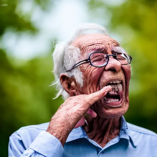 Prompt: An elderly man shouting at the wind, Canon EOS R3, f/1.4, ISO 200, 1/160s, 8K, RAW, unedited, symmetrical balance, in-frame