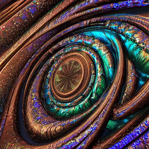 Image similar to Art Nouveau cresting oil slick waves, hyperdetailed bubbles in a shiny iridescent oil slick wave, black opals, ornate copper patina medieval ornament, rococo, oganic rippling spirals, octane render, 8k 3D