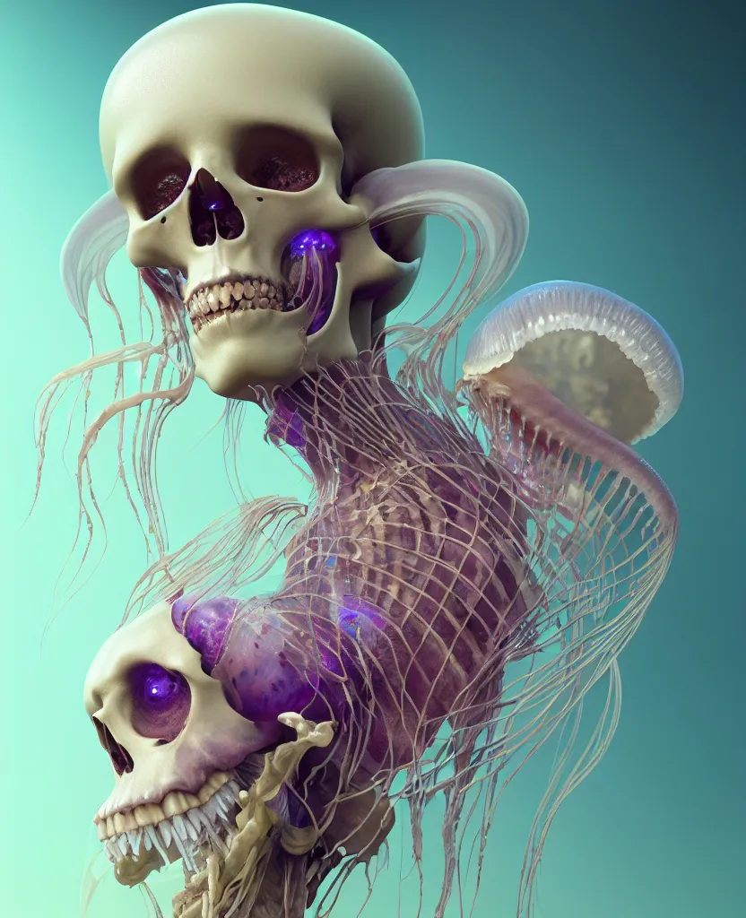 Image similar to goddess close - up portrait human skeleton, ram skull, jellyfish, orchid, betta fish, bioluminiscent, intricate artwork by tooth wu and wlop and beeple. octane render, trending on artstation, greg rutkowski very coherent symmetrical artwork. cinematic, hyper realism, high detail, octane render, 8 k