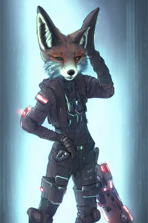 Image similar to an anthropomorphic cyberpunk fox, backlighting, trending on artstation, digital art, furry art, trending on furaffinity, fantasy art, by kawacy, view from side, fluffy tail