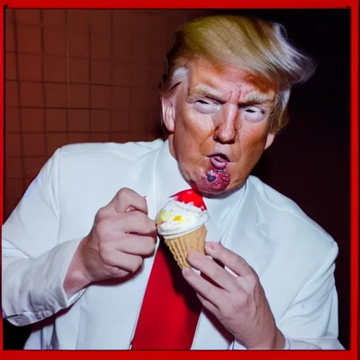 Image similar to donald trump eating an ice cream in his jail cell with other trump's wearing paper clothing